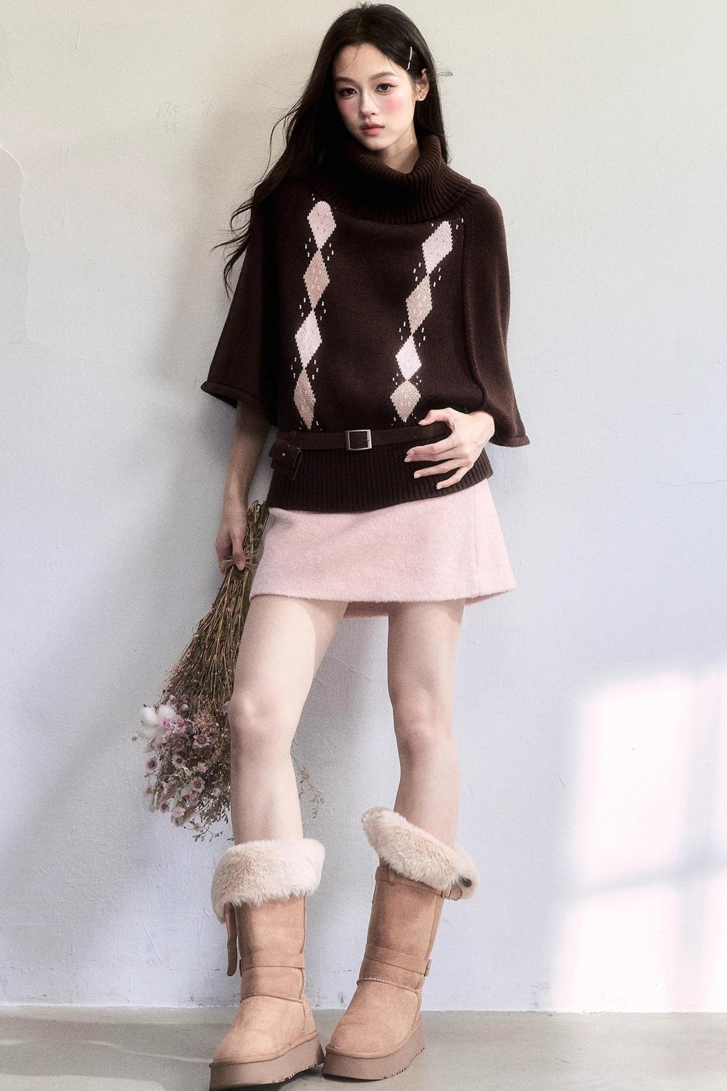 Retro Diamond Wool Knit Cape Sweater