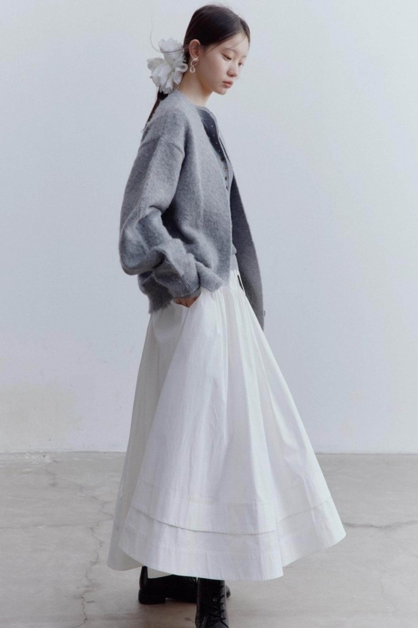 Misty Gray V-Neck Mohair Cardigan Coat