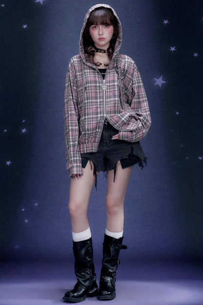 Pink Plaid Hooded Jacket