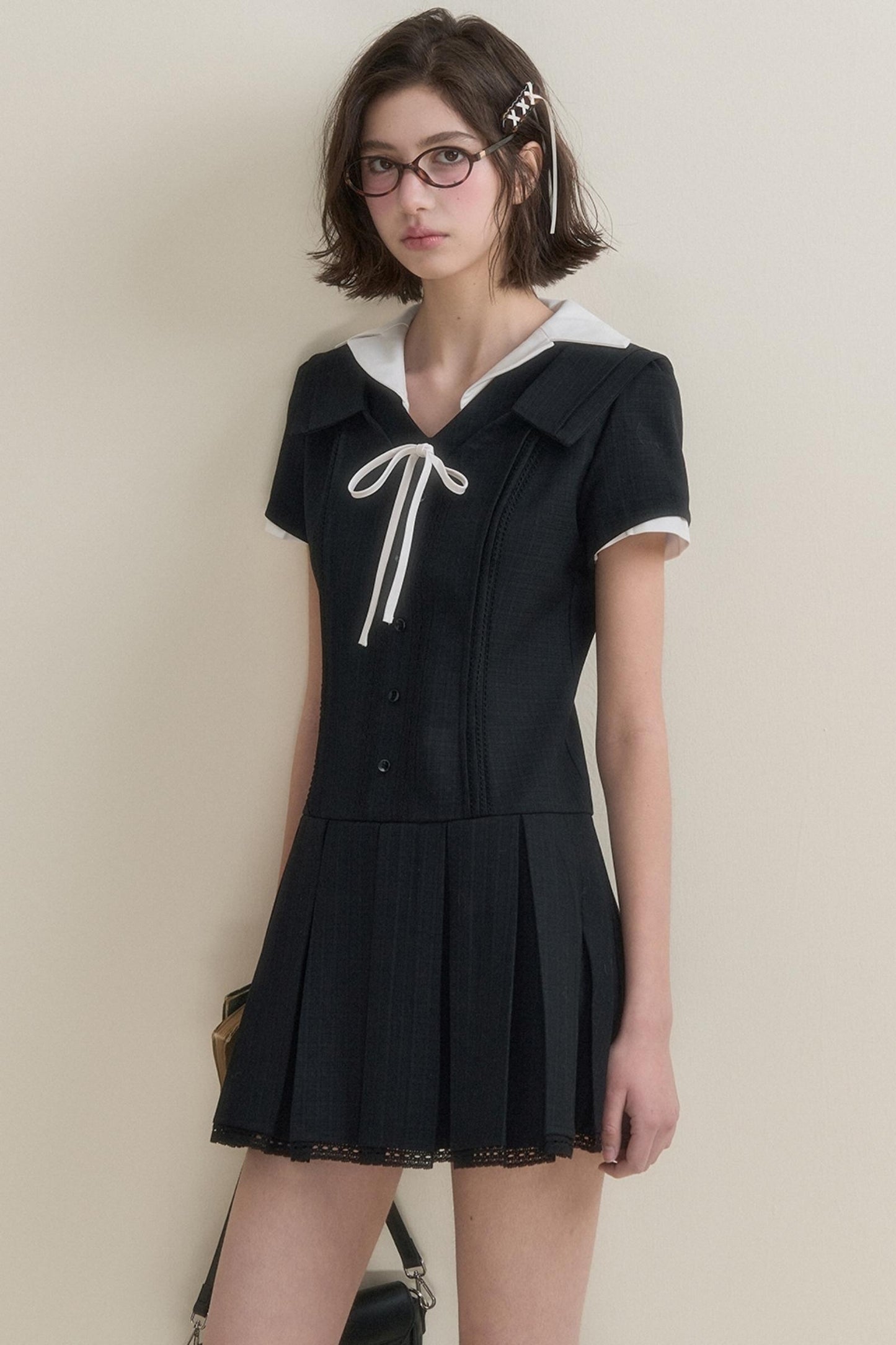 Classic Pleats Short-Sleeve Dress