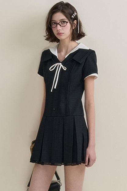 Classic Pleats Short-Sleeve Dress