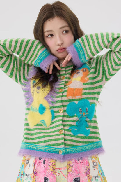 Striped Cartoon Doll Cardigan Top