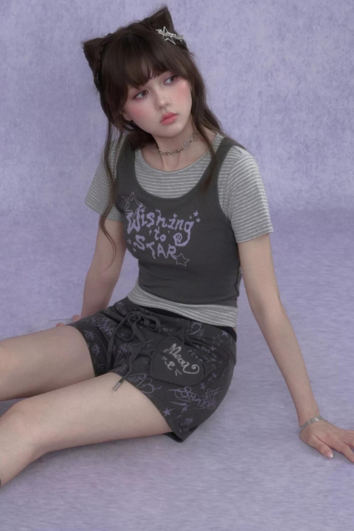 Short à imprimé graffiti avec oreilles de chat
