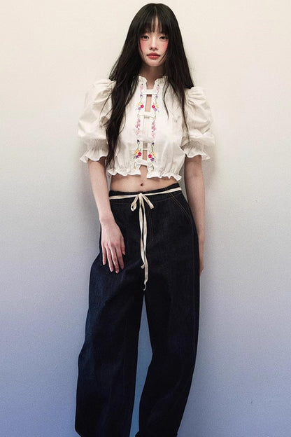 Embroidered Bubble Sleeve Blouse