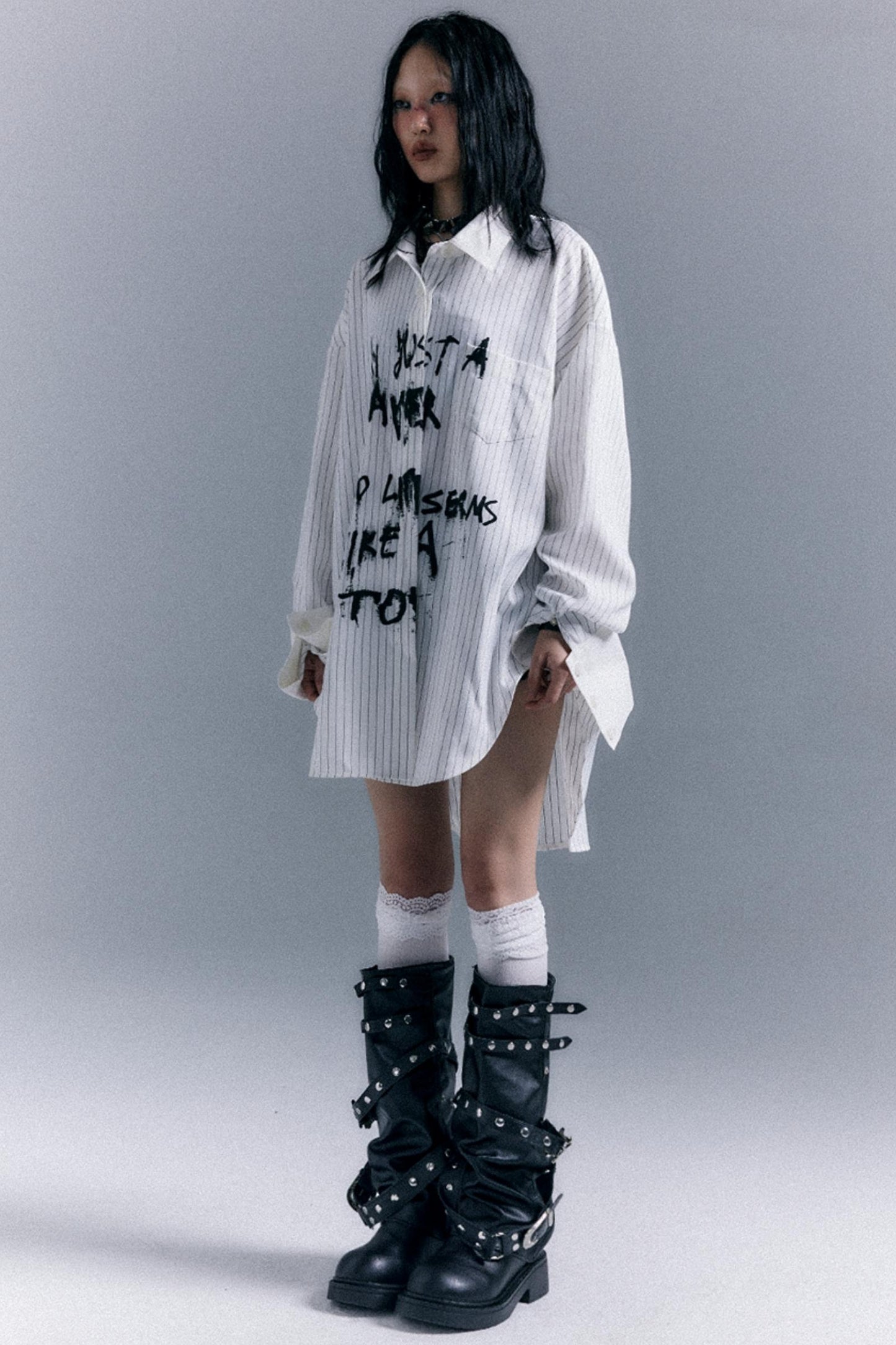 Graffiti Print Striped Long-Sleeved Shirt