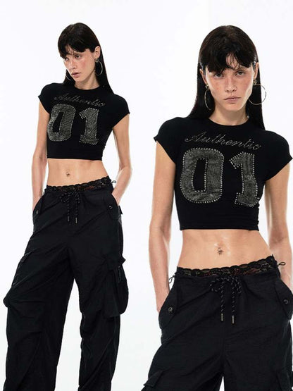 Rhinestone Numbers Cropped Tee