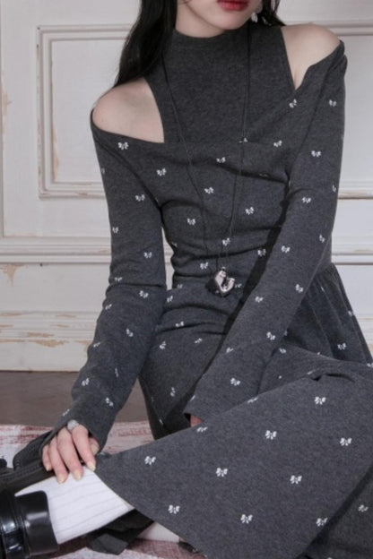 Off-the-Shoulder Knitted Bow Print Dress