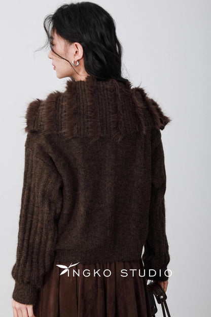 Caramel Brown Fur Collar Cardigan