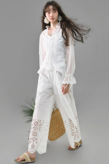 Autumn Lace-Up V-Neck Embroidered Shirt