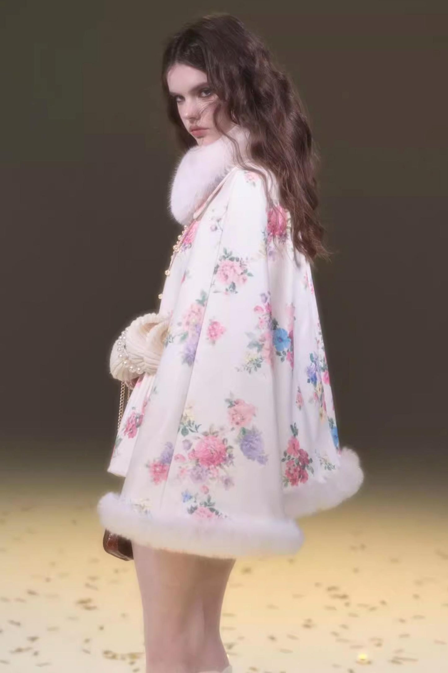 Vintage Flower Print Woolen Coat Set-Up