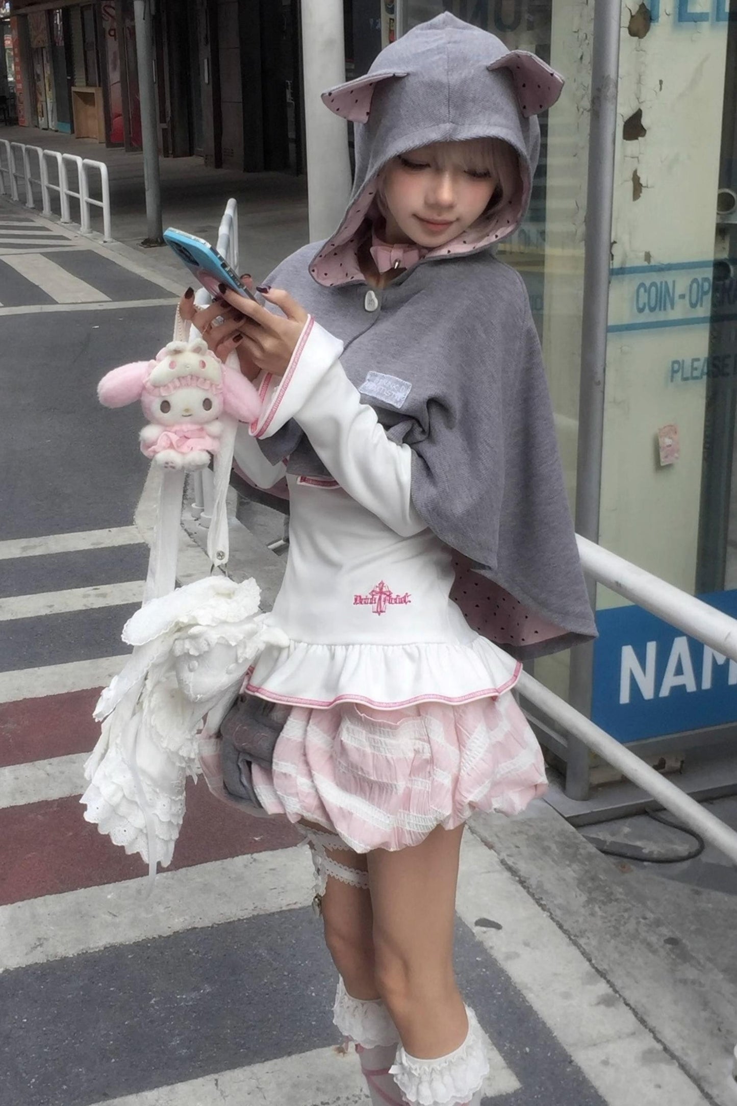Cute Gray-Pink Cat Ears Hooded Coat