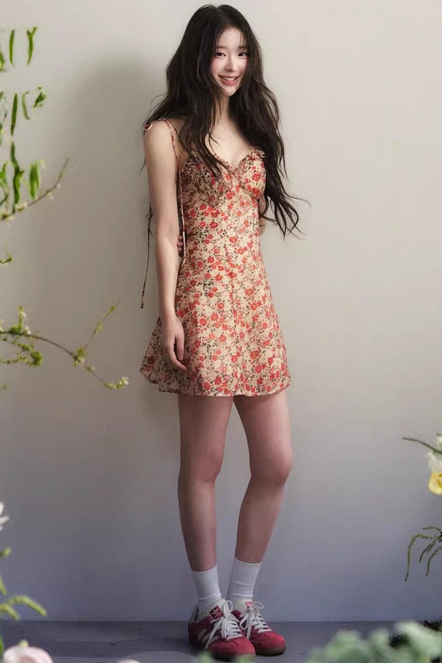 Orange-Red Floral Ruffled Dress