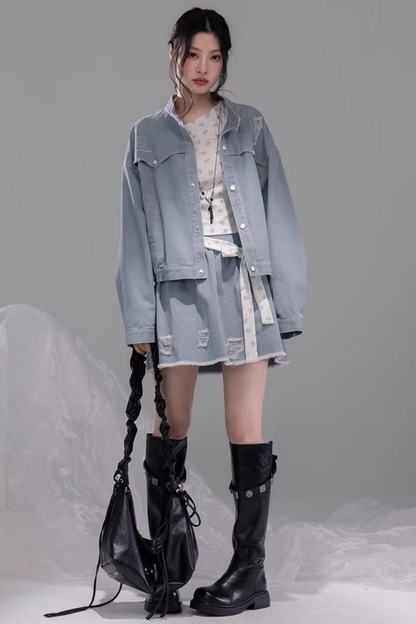 Distressed Rock Denim Jacket Set-Up