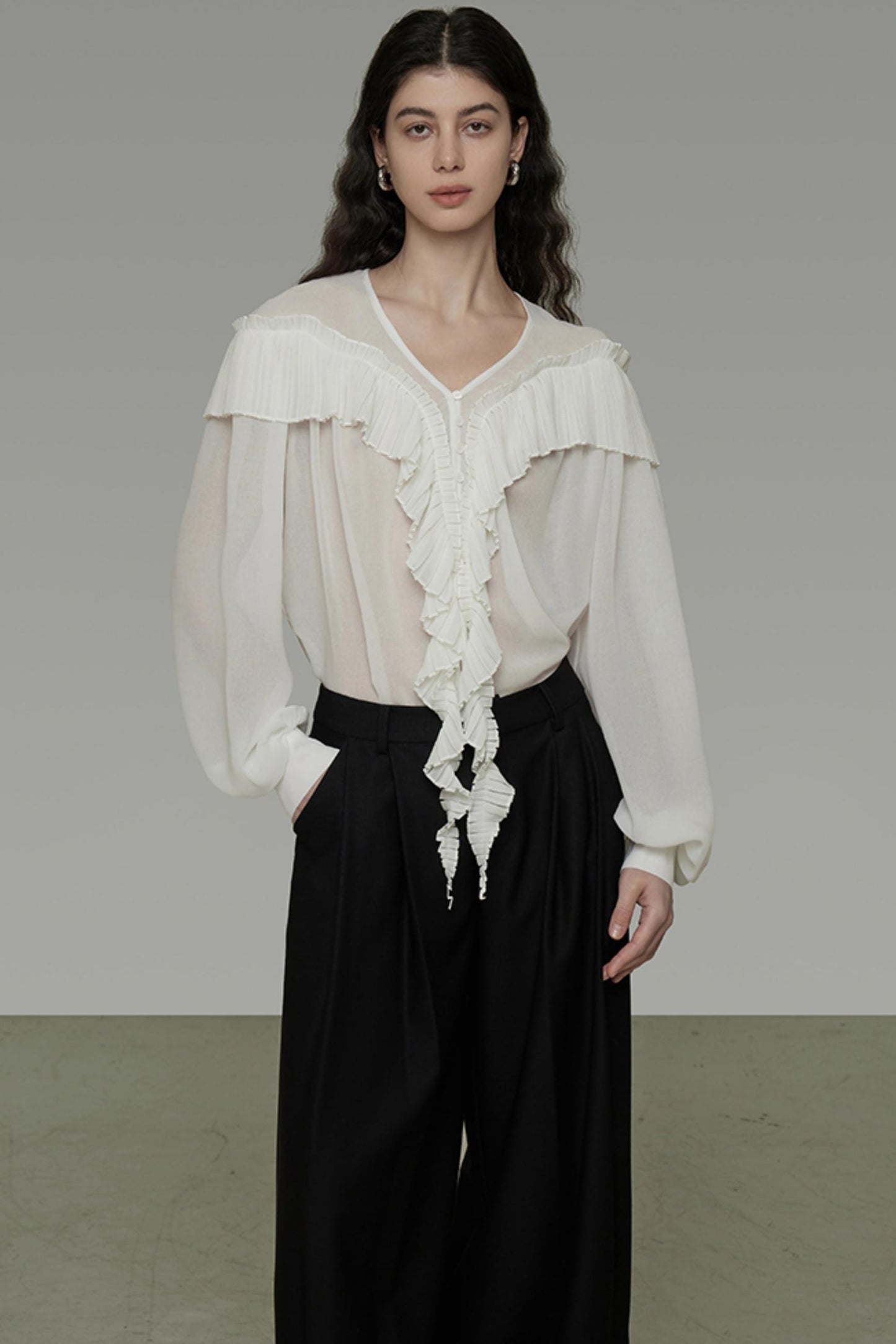 Sheer V-Neck Flutter Shirt