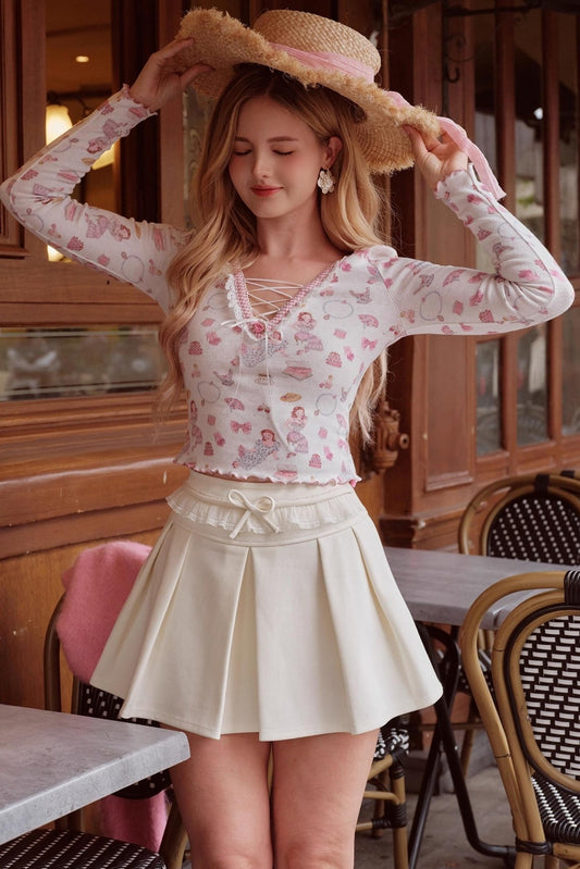 Lace V-Neck Top With Skirt Set-Up