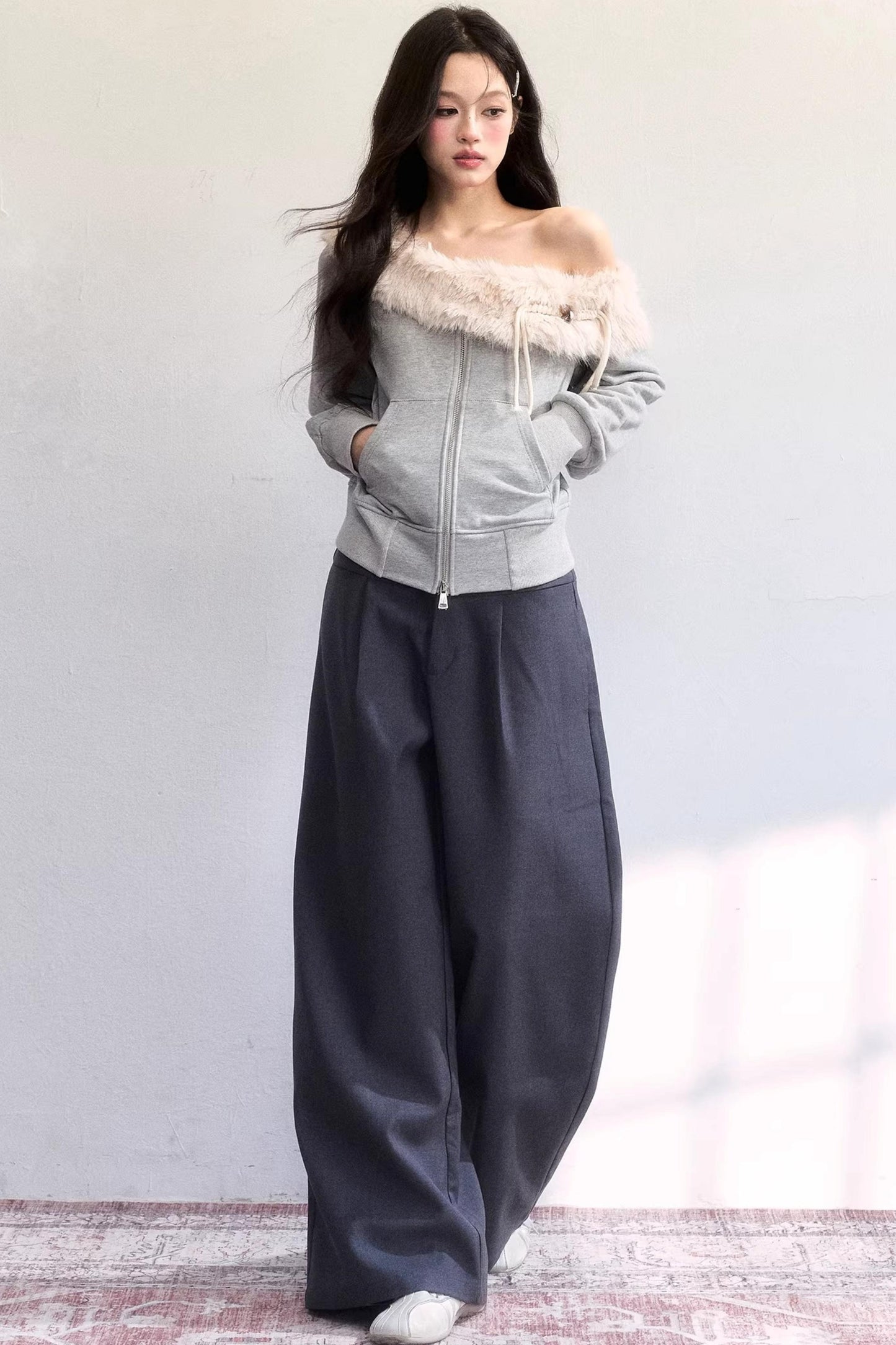 Mist Gray Off-Shoulder Fur Jacket