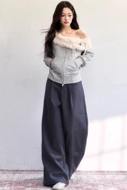 Mist Gray Off-Shoulder Fur Jacket