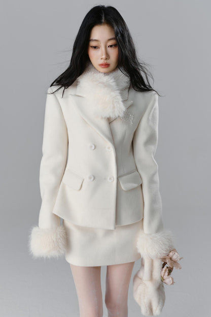 Fur Collar Blazer & Skirt Set-Up