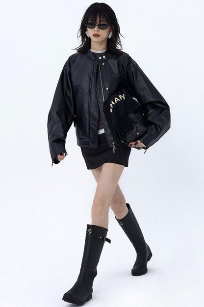 Stand-Up Pleated Leather Jacket