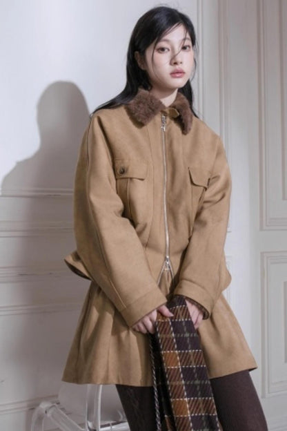 Hazelnut Bat Sleeve Furry Jacket Set-Up