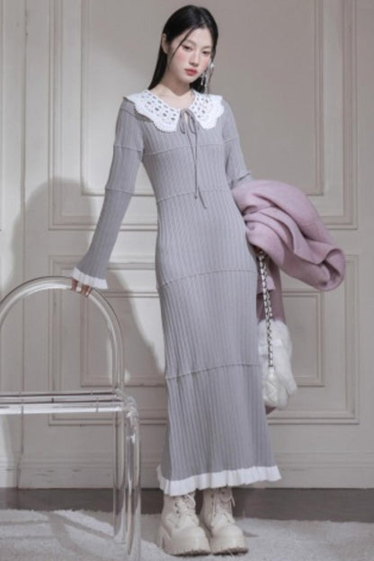 Mist Gray Lace Wool Dress