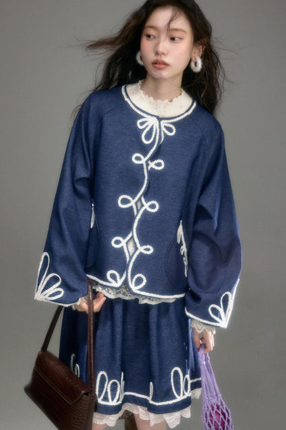 Embroidered Patchwork Denim A-Line Skirt