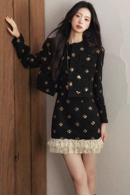 Gold Sequin Tweed Fragrance Winter Short Coat Set-Up