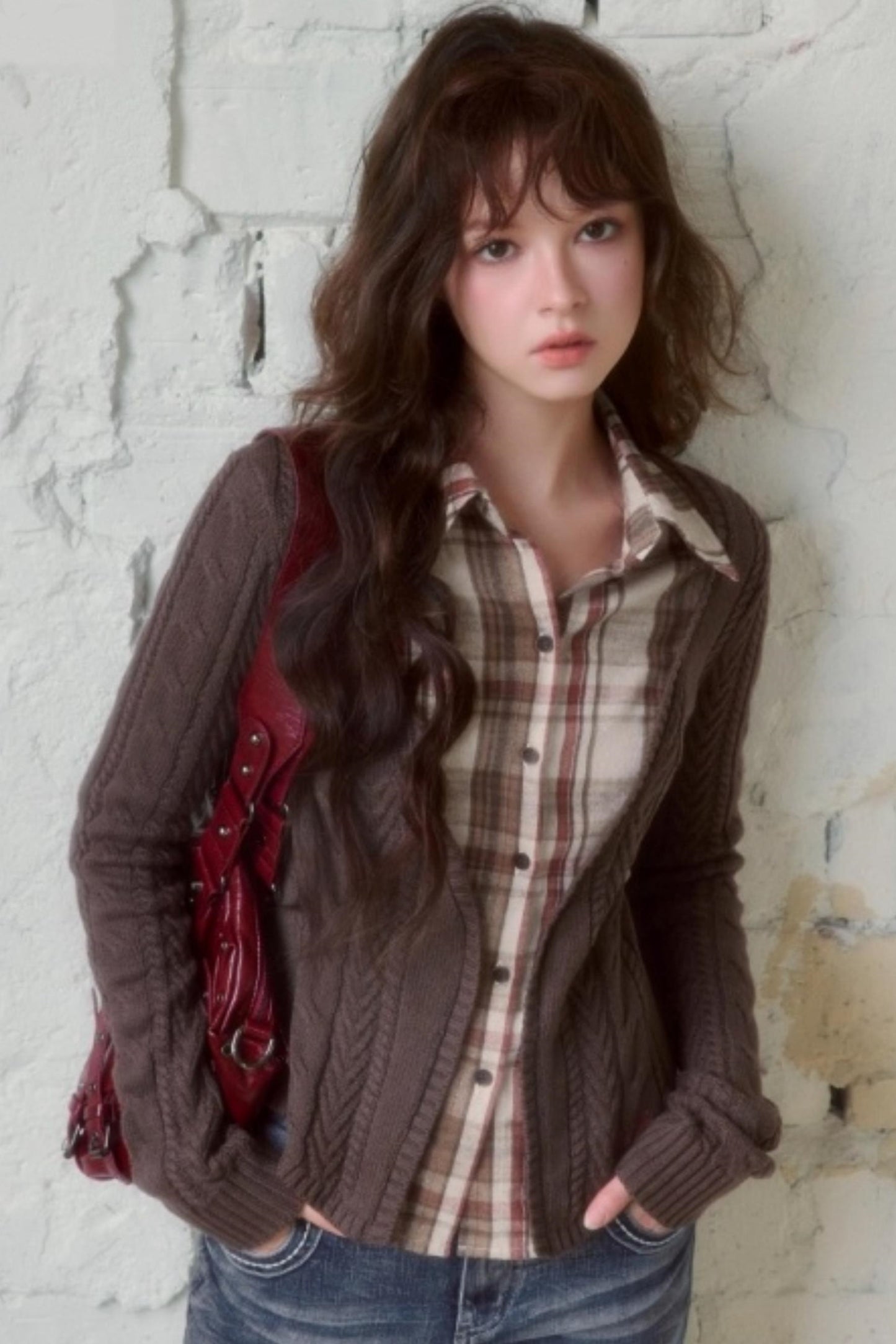 Plaid Splicing Fake Two-Piece Knit Sweater