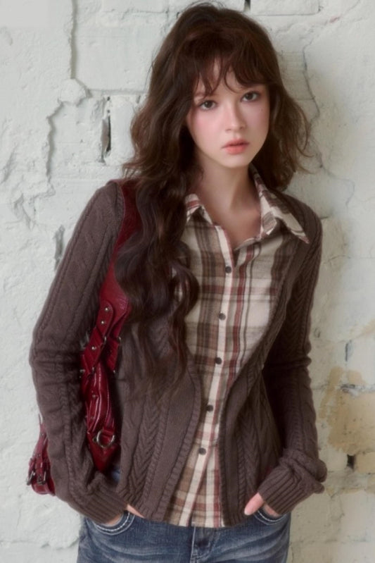 Plaid Splicing Fake Two-Piece Knit Sweater