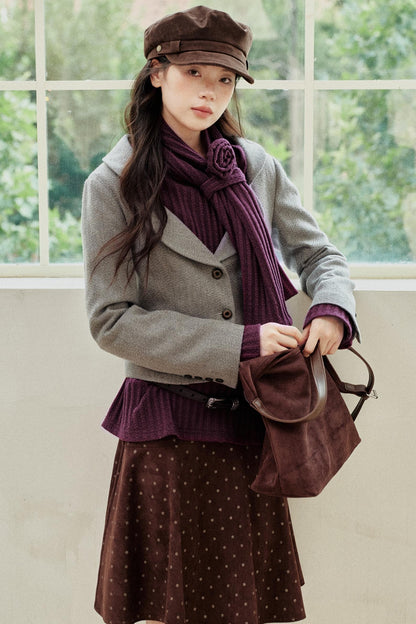 Purple Strip Knit Gray Woolen Jacket Set-Up