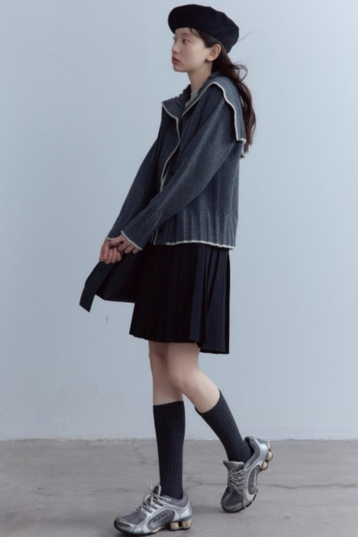 Navy Collar Twisted Rope Woolen Cardigan