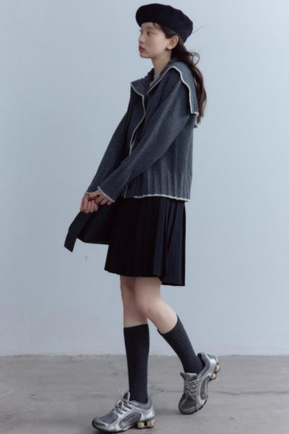 Navy Collar Twisted Rope Woolen Cardigan