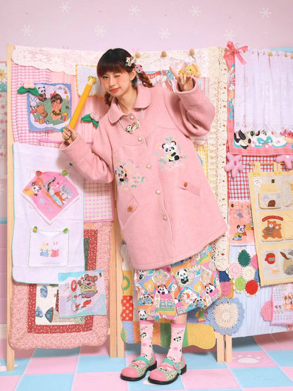 Panda embroidery mid-length coat