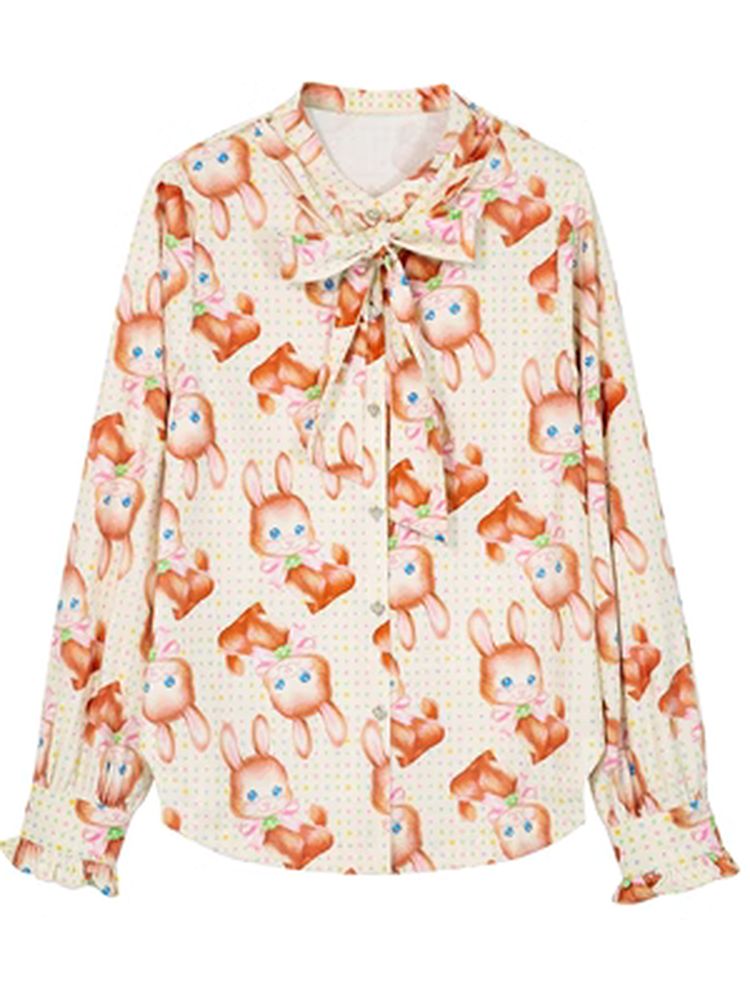 Retro Print Bunny Lace Ribbon Shirt