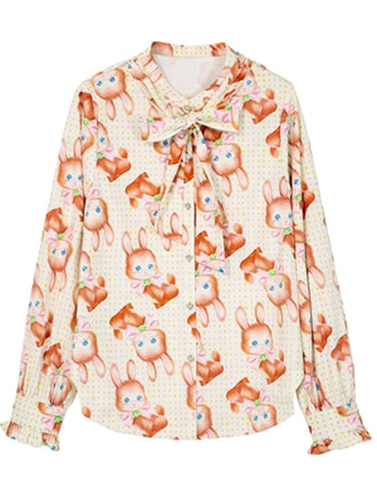 Retro Print Bunny Lace Ribbon Shirt