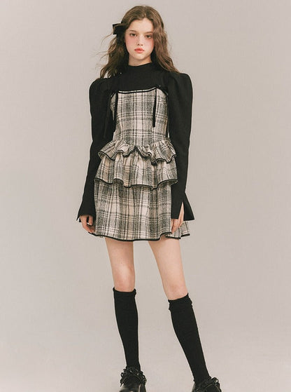 Plaid Cake Skirt Fake Two-piece Dress