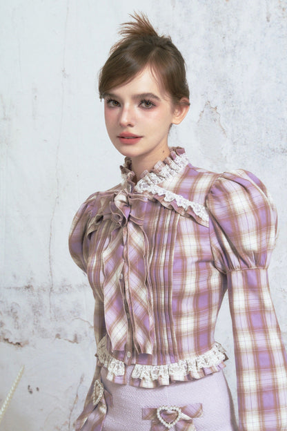 Purple Plaid Bow Lace Bubble Sleeve Blouse Top