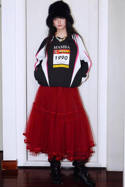 Autumn Mesh Puffy Long Skirt