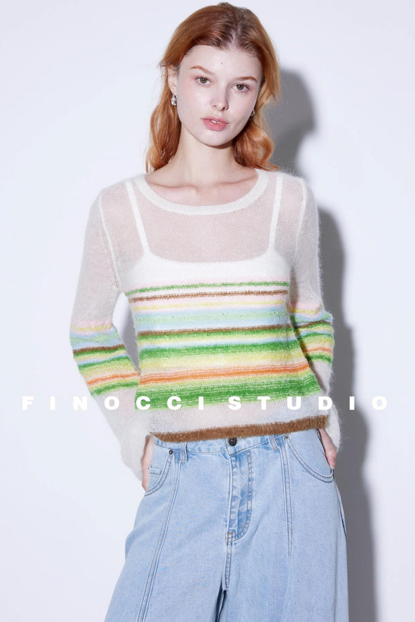 Mohair Silky Wool Rainbow Lantern Sleeve Sweater