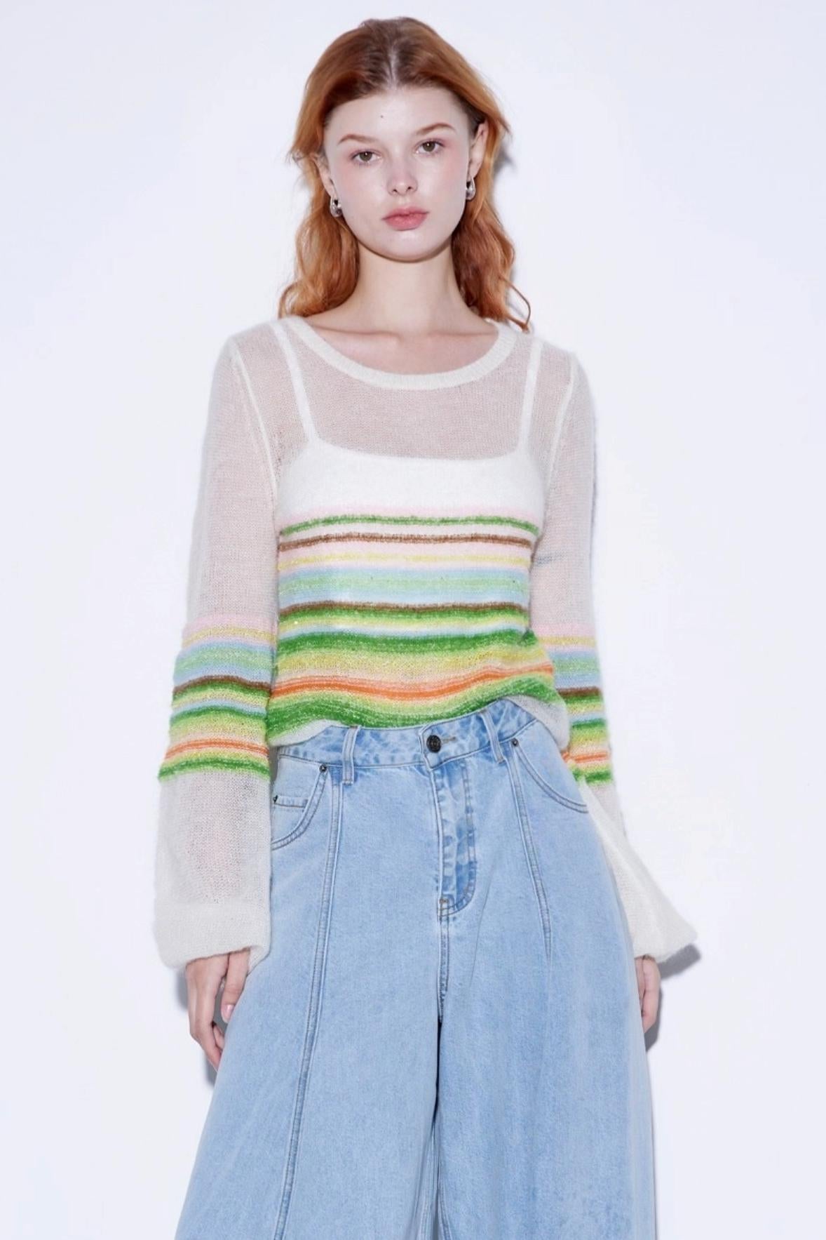 Mohair Silky Wool Rainbow Lantern Sleeve Sweater