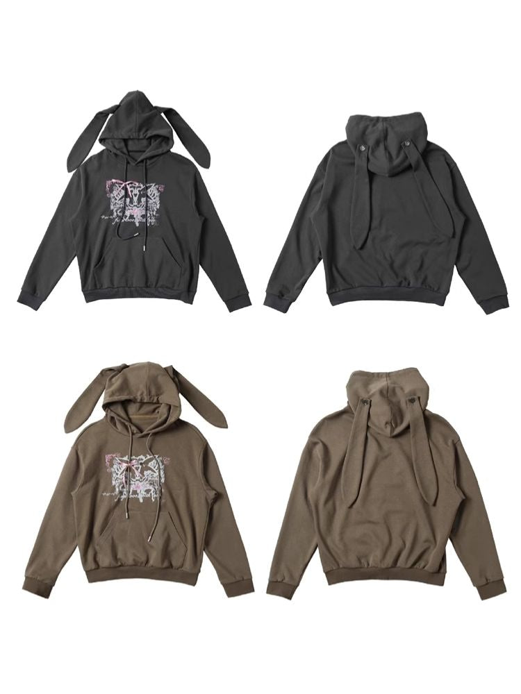 Rabbit Ears Hooded Printed Sweatshirt