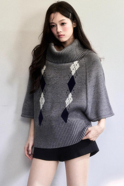 Retro Diamond Wool Knit Cape Sweater