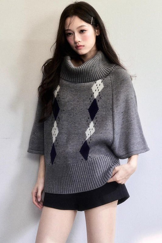 Retro Diamond Wool Knit Cape Sweater