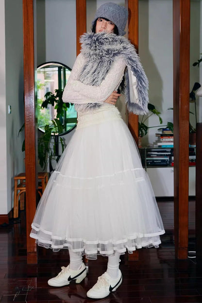 Autumn Mesh Puffy Long Skirt