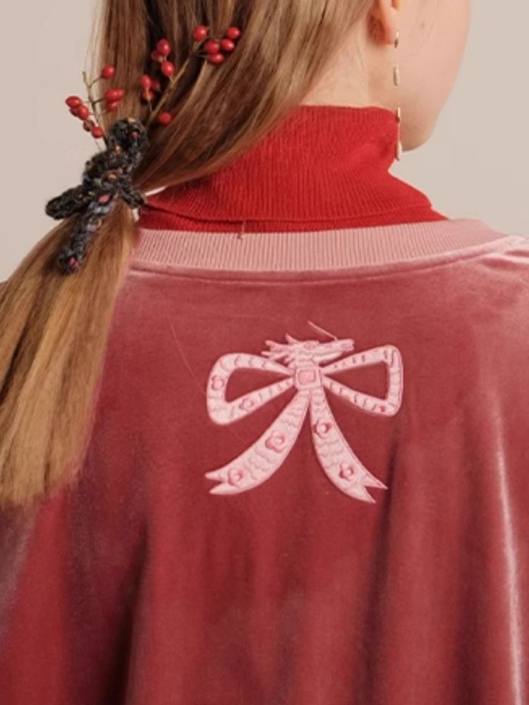 Bow Embroidery Velvet Loose Sweatshirt