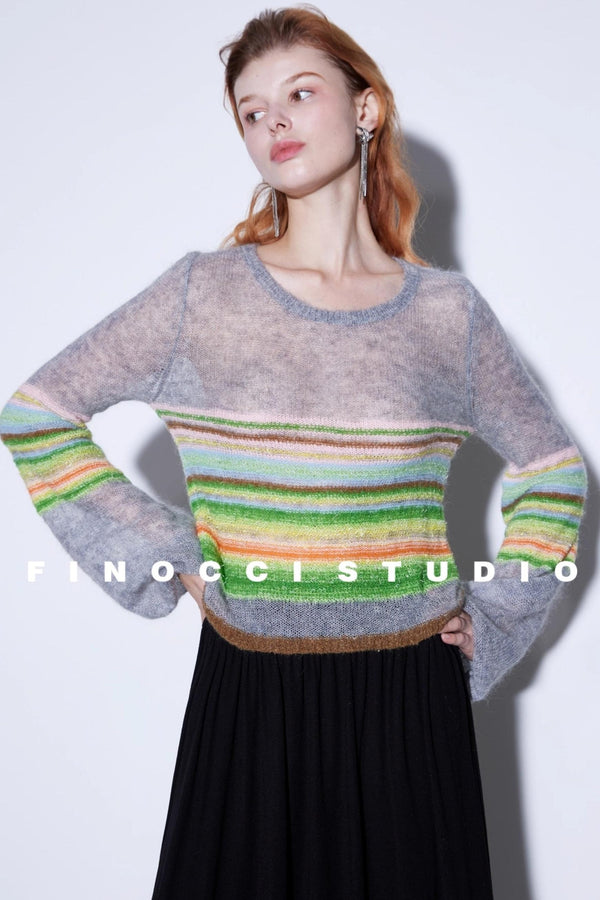 Mohair Silky Wool Rainbow Lantern Sleeve Sweater