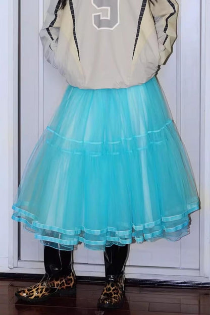 Autumn Mesh Puffy Long Skirt