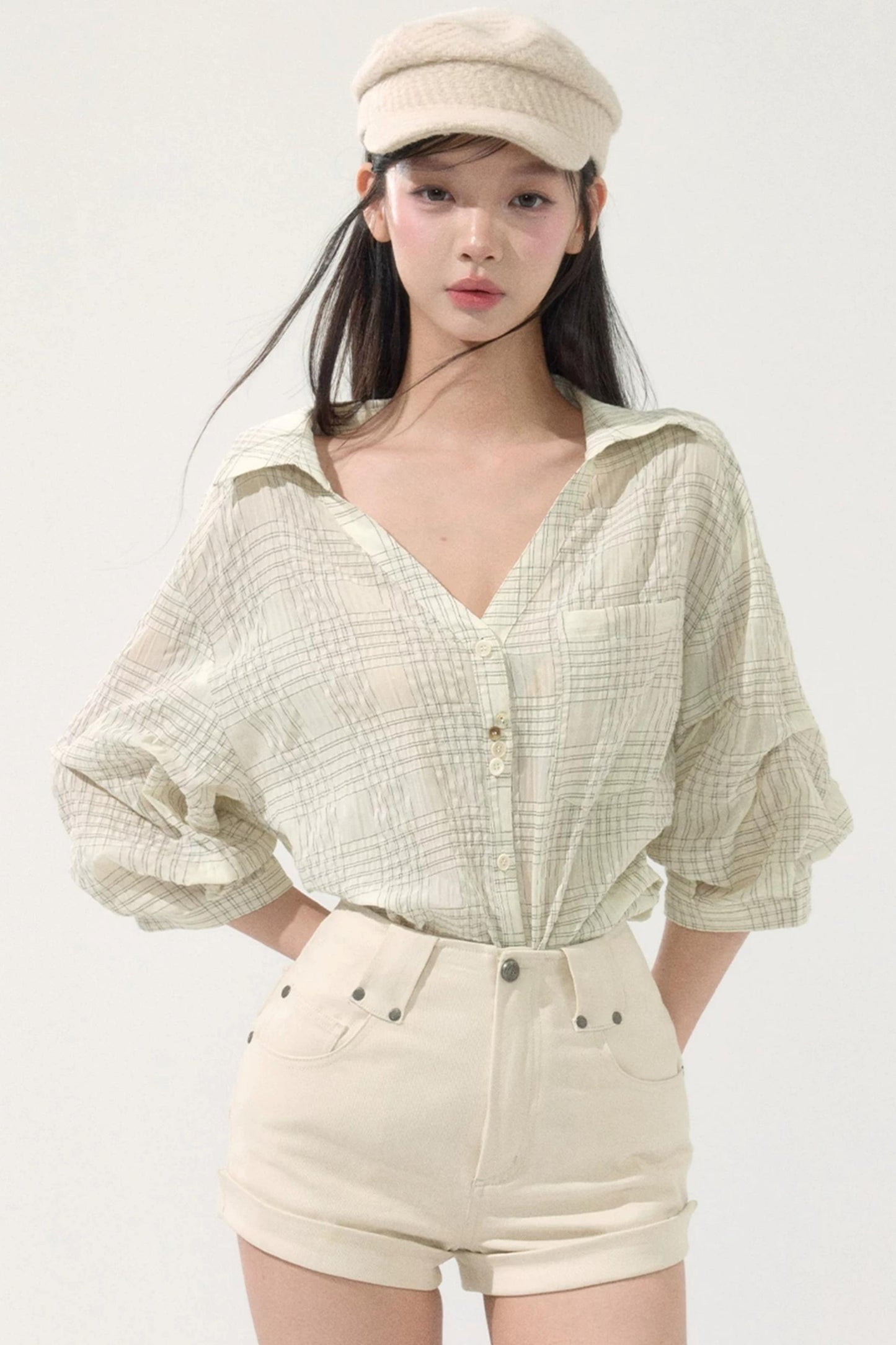 Sweet Plaid Mid-Sleeve Blouse