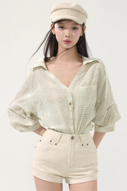 Sweet Plaid Mid-Sleeve Blouse