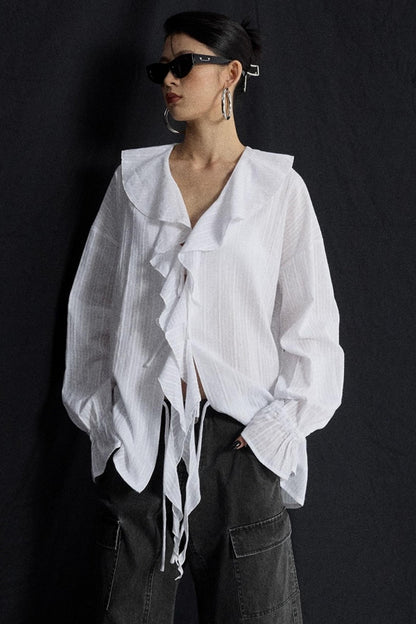 Winter White Ruffled V-Neck Shirt